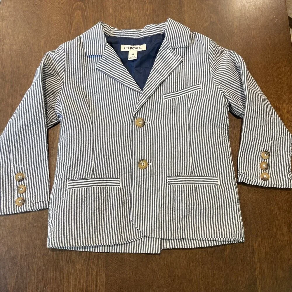 Cherokee Striped Seersucker Blazer Boys Size 3T Blue‎ White Notch Lapel Cotton
